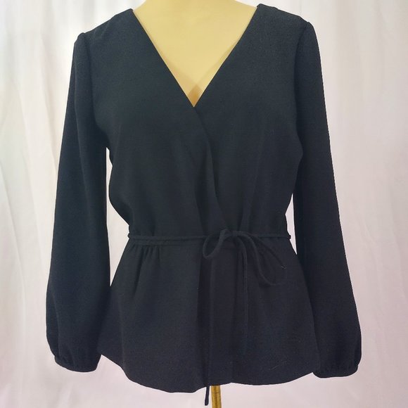 J. Crew Black Faux Wrap Long Sleeve Top 2 - Picture 1 of 7